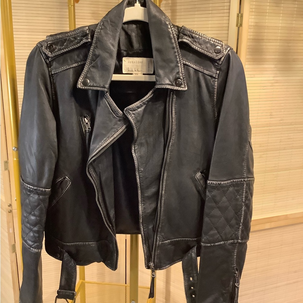 Nicole Miller Atelier Women's Distressed Black Leather Biker Jacket